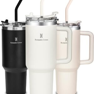 Romantic Crown Copo Térmico com Canudo Tampa e Alça 1,18L, Copos Garrafas Termico para viagem vácuo dupla camada aço inoxidável, Caneca Termica Cafe Água Chá,Presente, Fitness (Creme)