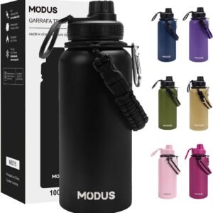 950mL Garrafa Térmica Aço Inoxidável Com Alça Paracord (Preto)