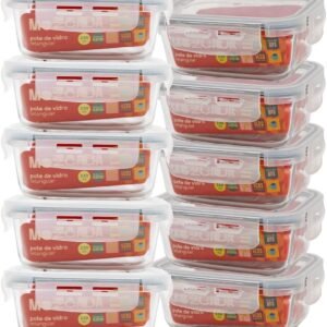Mozcada - Kit 10 Potes de Vidro Marmita 330ml Hermético com Trava Retangular