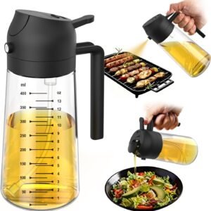 TrendPlain Pulverizador de azeite de oliva de vidro de 470 ml para cozinhar – Frasco dispensador de azeite 2 em 1 para utensílios de cozinha e acessórios de fritadeira de ar, salada, churrasco - preto