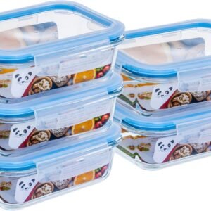 Kit com 5 Potes de Vidro Gato Panda, 640 ml, Retangular, com Tampa Hermética, Azul
