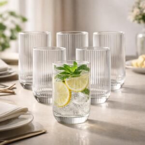 Jogo 6 Copos Vidro Canelado 423ml Elegante Água Suco Refrigerante Drinks