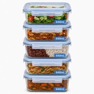 Kit 5 Potes de Vidro Herméticos 640ml com 4 Travas Ideal para Marmitas e Conservação de Alimentos, Vedação Total, Refratário para Forno e Freezer (5)