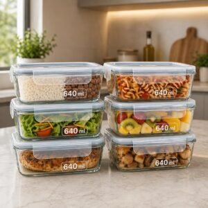 Kit 6 Potes Vidro Borossilicato 640ml Marmita Tampa Hermética Resistente | Freezer e Micro-ondas, Vedação sem Vazamentos, Tampa com Trava Firme, Organização de Cozinha, Resistente a Temperatura