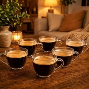 Jogo de Xícaras de Café em Vidro Transparente, 90ml, com Alça Ergonômica, para Expresso e Cappuccino, 6 Peças